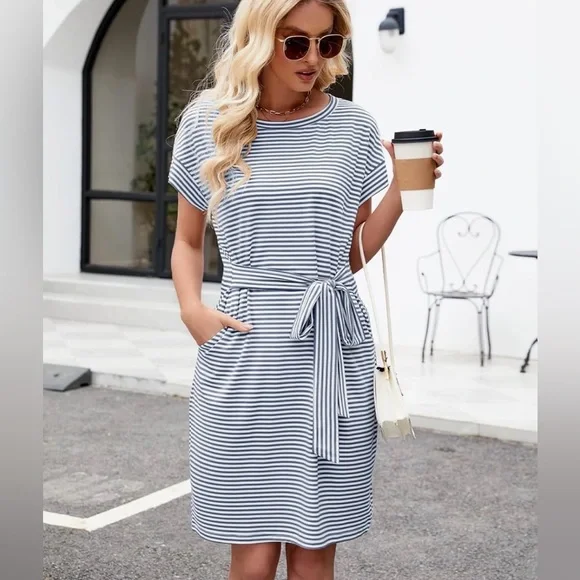MEROKEETY Women's Casual T Shirt Dress Short Sleeve Striped Tie Waist - Picture 2 of 6